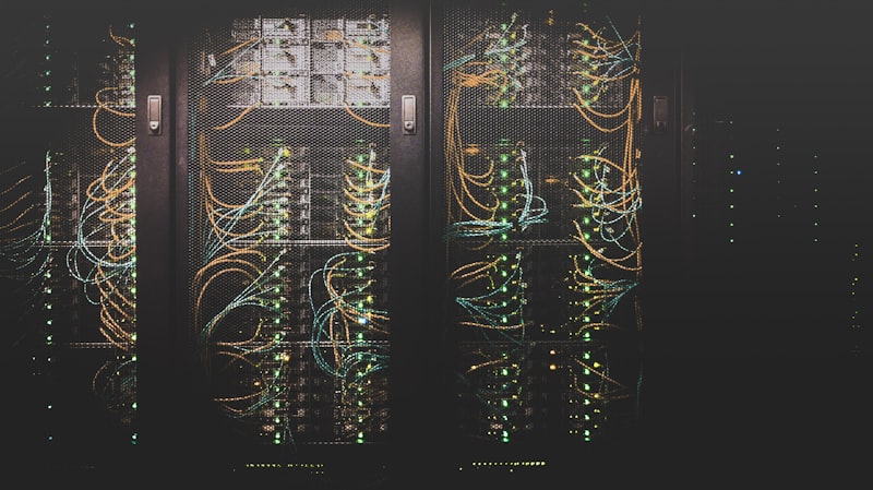 Server rack performance monitoring with glowing indicators